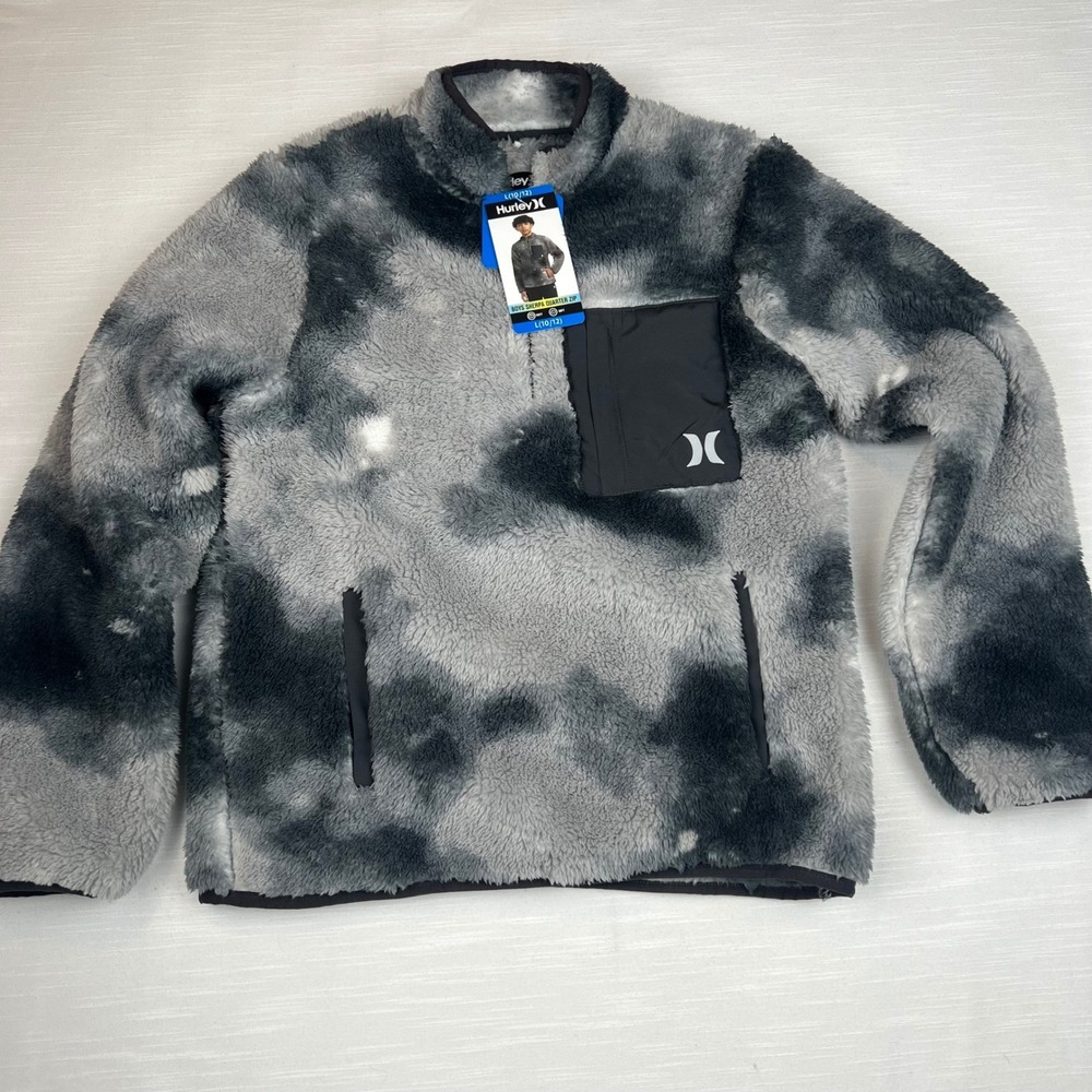 Hurley Boys Sherpa Quarter Zip Fleece Pullover Grey Black Tie Dye L 10/12 NWT